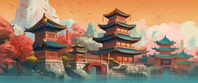 国潮风建筑与山水插画背景,插画/手绘图,插画/手绘图库,插画/手绘图下载,插画/手绘